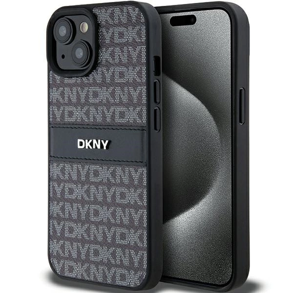 DKNY Leather Mono Stripe & Metal Logo Case for iPhone 15 Plus / 14 Plus - Black