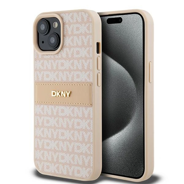 DKNY Leather Mono Stripe & Metal Logo Case for iPhone 15 Plus / 14 Plus - Pink