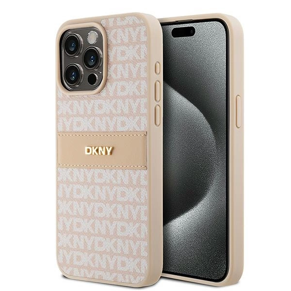 DKNY Leather Mono Stripe & Metal Logo case for iPhone 15 Pro Max - pink