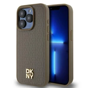 DKNY Leather Pattern Metal Logo MagSafe case for iPhone 14 Pro Max - brown