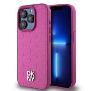 DKNY Leather Monogram Pattern Metal Logo MagSafe Case for iPhone 15 Pro - Pink