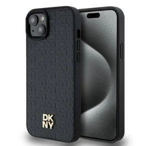 DKNY Leather Monogram Pattern Metal Logo MagSafe Case for iPhone 15 Plus / 14 Plus - Black