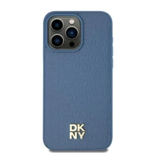 DKNY Leather Pattern Metal Logo MagSafe Case for iPhone 15/14/13 - Blue