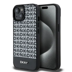 DKNY Leather Printed Pattern Metal Logo MagSafe Case for iPhone 15/14/13 - Black