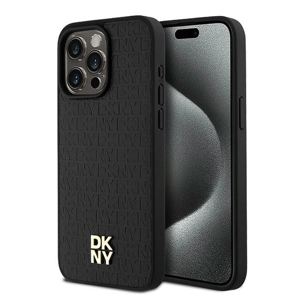 DKNY Leather Monogram Pattern Metal Logo MagSafe Case for iPhone 15 Pro Max - Black