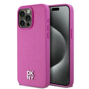 DKNY Leather Monogram Pattern Metal Logo MagSafe Case for iPhone 15 Pro Max - Pink