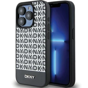 DKNY Leather Printed Pattern Metal Logo MagSafe Case for iPhone 15 Pro Max - Black