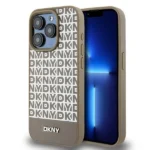 DKNY Leather Printed Pattern Metal Logo MagSafe Case for iPhone 15 Pro Max - Brown