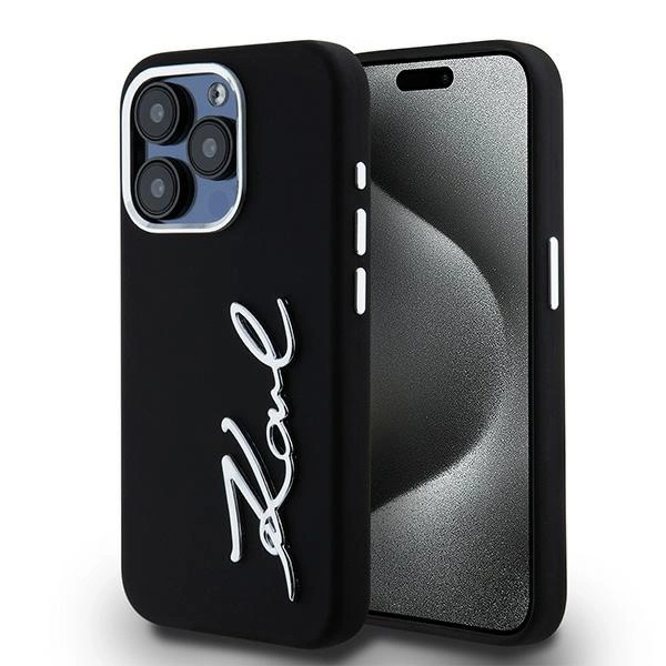 Karl Lagerfeld Silicone Metal Script Logo case for iPhone 15 Pro - black