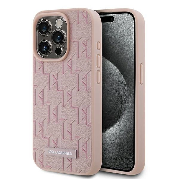 Karl Lagerfeld Leather Monogram Metal Logo case for iPhone 15 Pro - pink