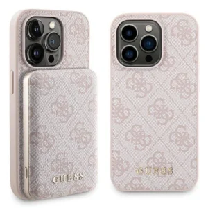 Guess 4G Metal Logo case set for iPhone 14 Pro + 5000mAh MagSafe power bank - pink