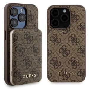 Guess 4G Metal Logo case set for iPhone 15 Pro + 5000mAh MagSafe power bank - brown