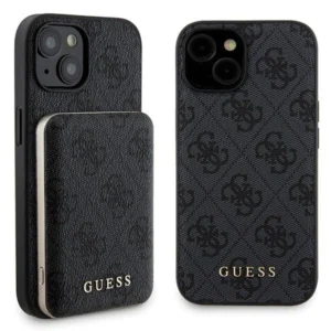 Guess 4G Metal Logo case set for iPhone 15 + 5000mAh MagSafe power bank - black