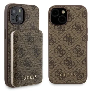 Guess 4G Metal Logo case set for iPhone 15 + 5000mAh MagSafe power bank - brown