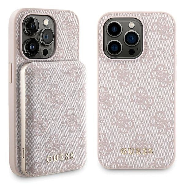 Guess 4G Metal Logo case set for iPhone 15 Pro Max + 5000mAh MagSafe power bank - pink