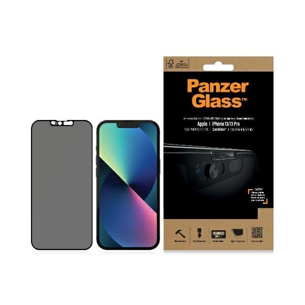 PanzerGlass E2E Microfracture Antibacterial Privacy Glass with Camera Protector for iPhone 13/13 Pro - With Black Frame