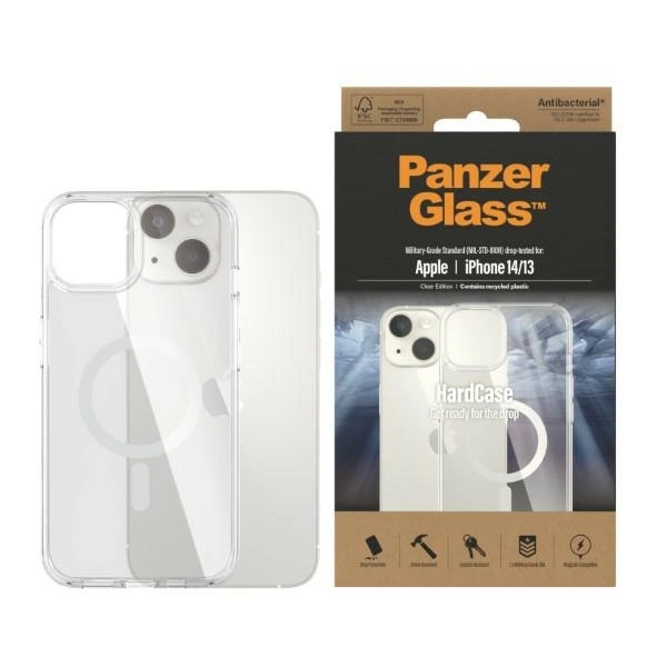 PanzerGlass HardCase with MagSafe Antibacterial Military Grade Certified Case for iPhone 14/15/13 - Transparent