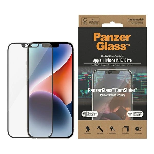 PanzerGlass Ultra-Wide Fit Antibacterial Tempered Glass with Camera Cover and Positioner for iPhone 14/13/13 Pro