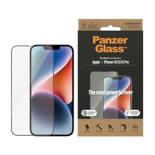 PanzerGlass Ultra-Wide Fit Antibacterial Tempered Glass with Positioner for iPhone 14/13 Pro/13