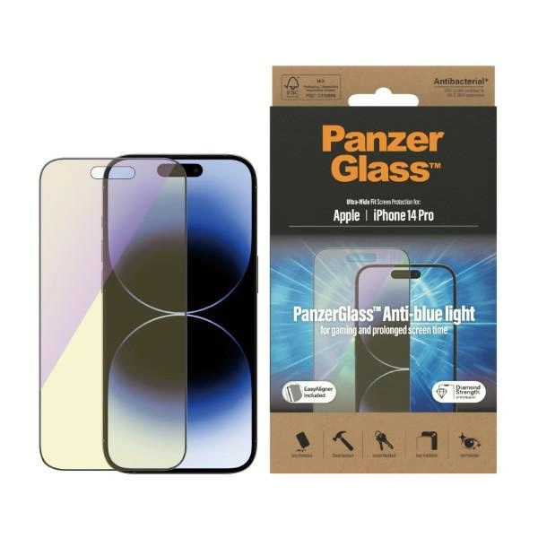 PanzerGlass Ultra-Wide Fit Antibacterial Tempered Glass with Blue Light Filter and Positioner for iPhone 14 Pro