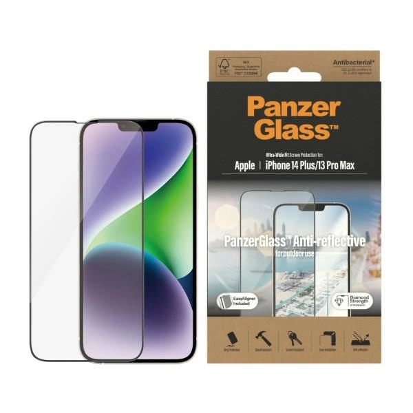 PanzerGlass Ultra-Wide Fit Antibacterial Tempered Glass with Glare Filter and Positioner for iPhone 14 Plus / 13 Pro Max