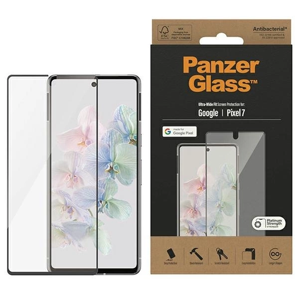 PanzerGlass Ultra-Wide Fit Antibacterial Tempered Glass for Google Pixel 7 - with Black Frame