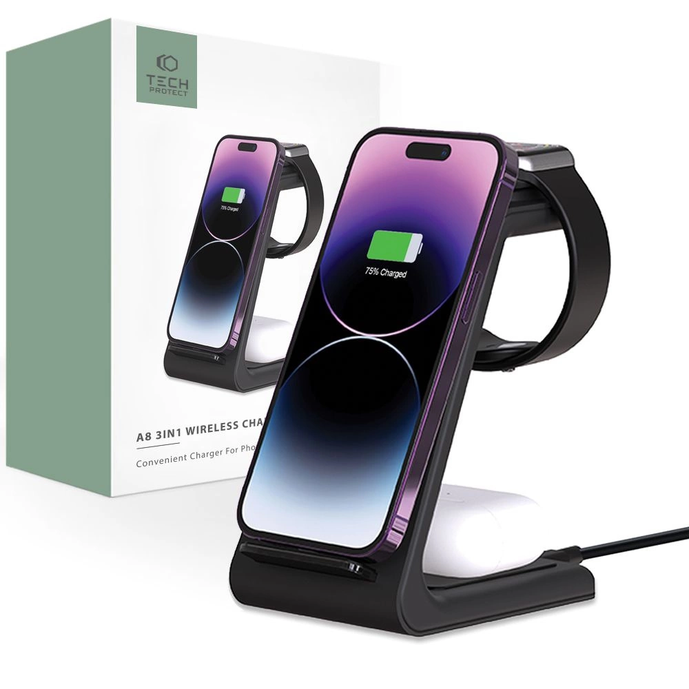 Tech-Protect A8 10W inductive charger in the form of a 3-in-1 stand for smartphone / headphones / smartwatch - black