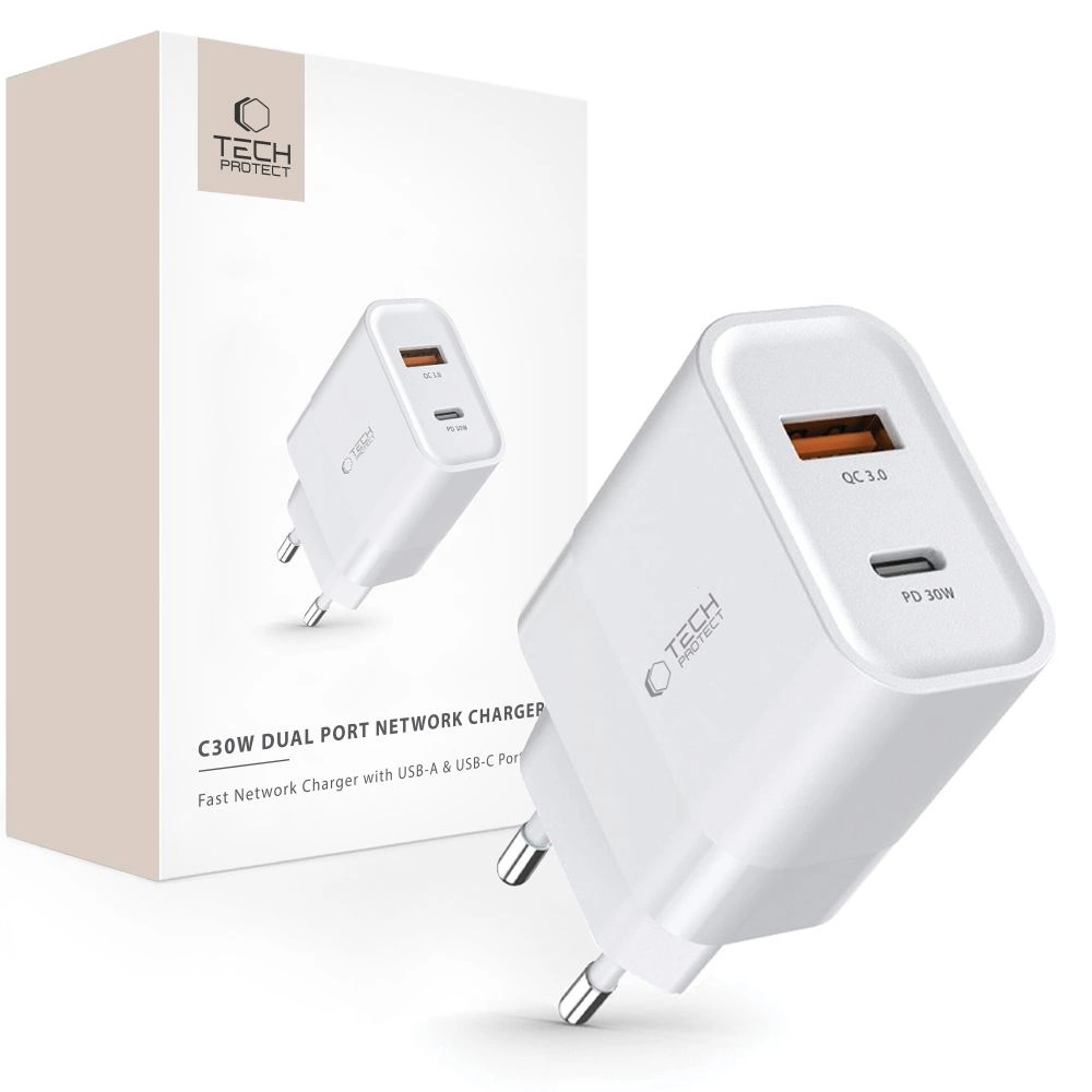 Tech-Protect C30W charger USB-C PD 30W / USB-A QC 3.0 - white