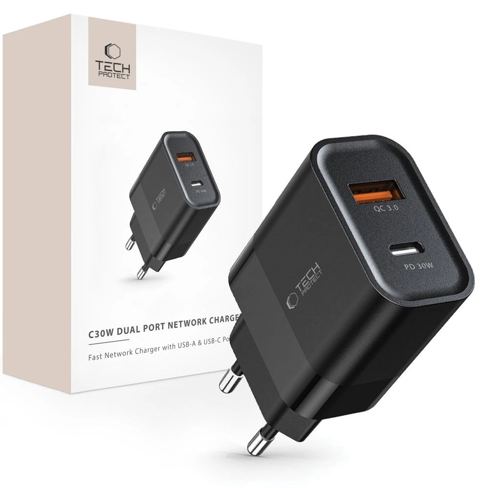 Tech-Protect C30W Charger USB-C PD 30W / USB-A QC 3.0 - Black