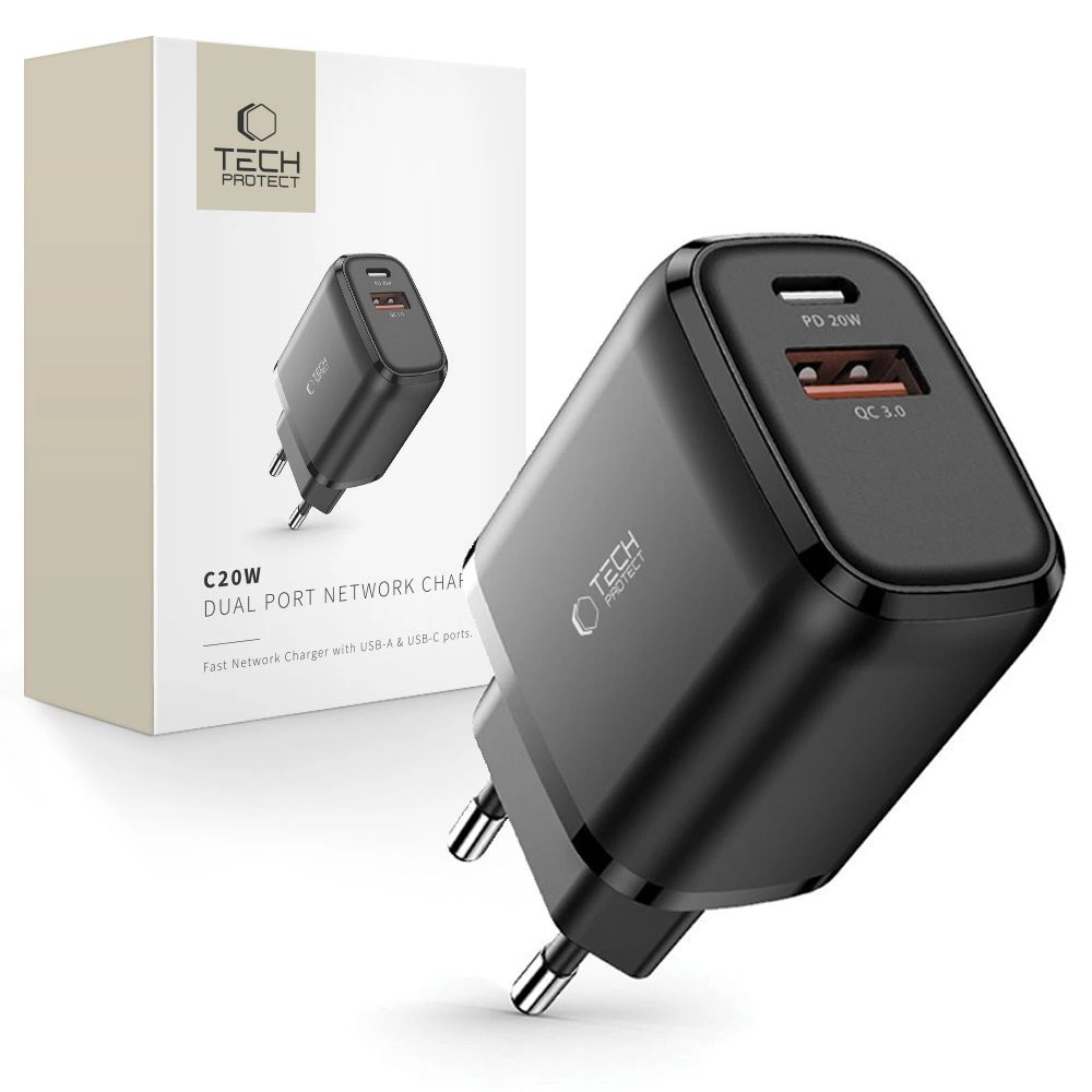 Tech-Protect C20W Charger USB-C PD 20W / USB-A QC 3.0 - Black