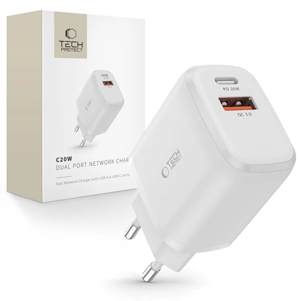 Tech-Protect C20W charger USB-C PD 20W / USB-A QC 3.0 - white