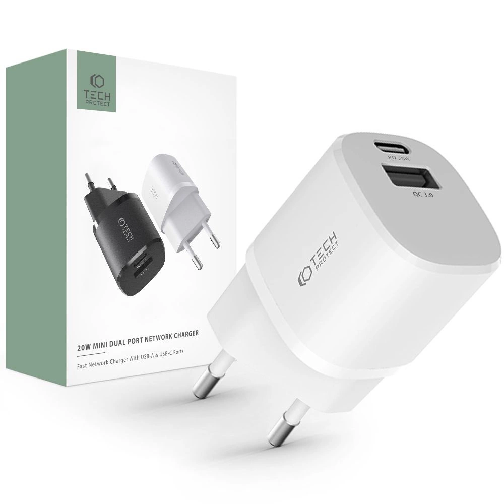 Tech-Protect C20W charger mini USB-C PD 20W / USB-A QC 3.0 - white