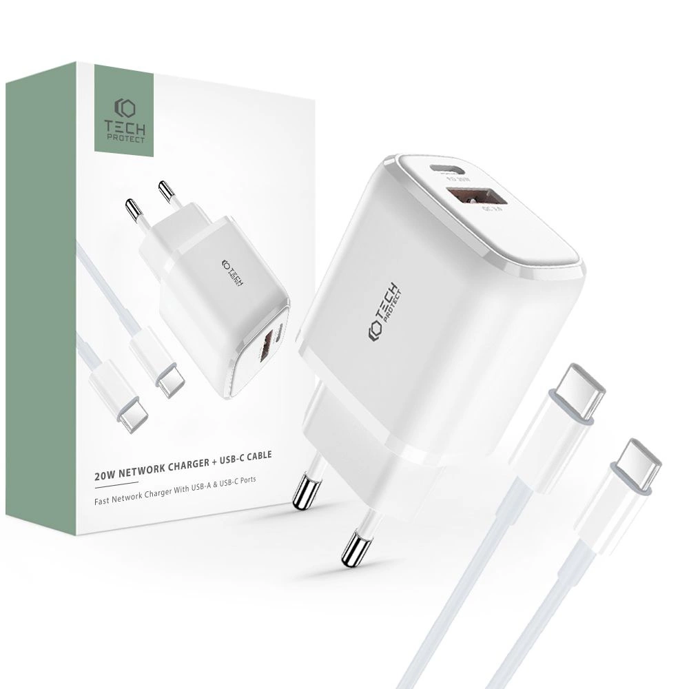 Tech-Protect C20W USB-C PD 20W / USB-A QC 3.0 charger with USB-C / USB-C cable - white