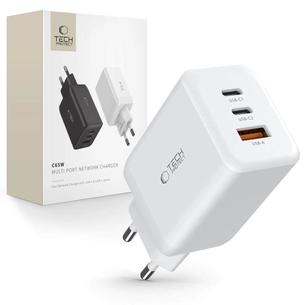 Tech-Protect C65W charger 2x USB-C PD 65W / USB-A QC 3.0 - white