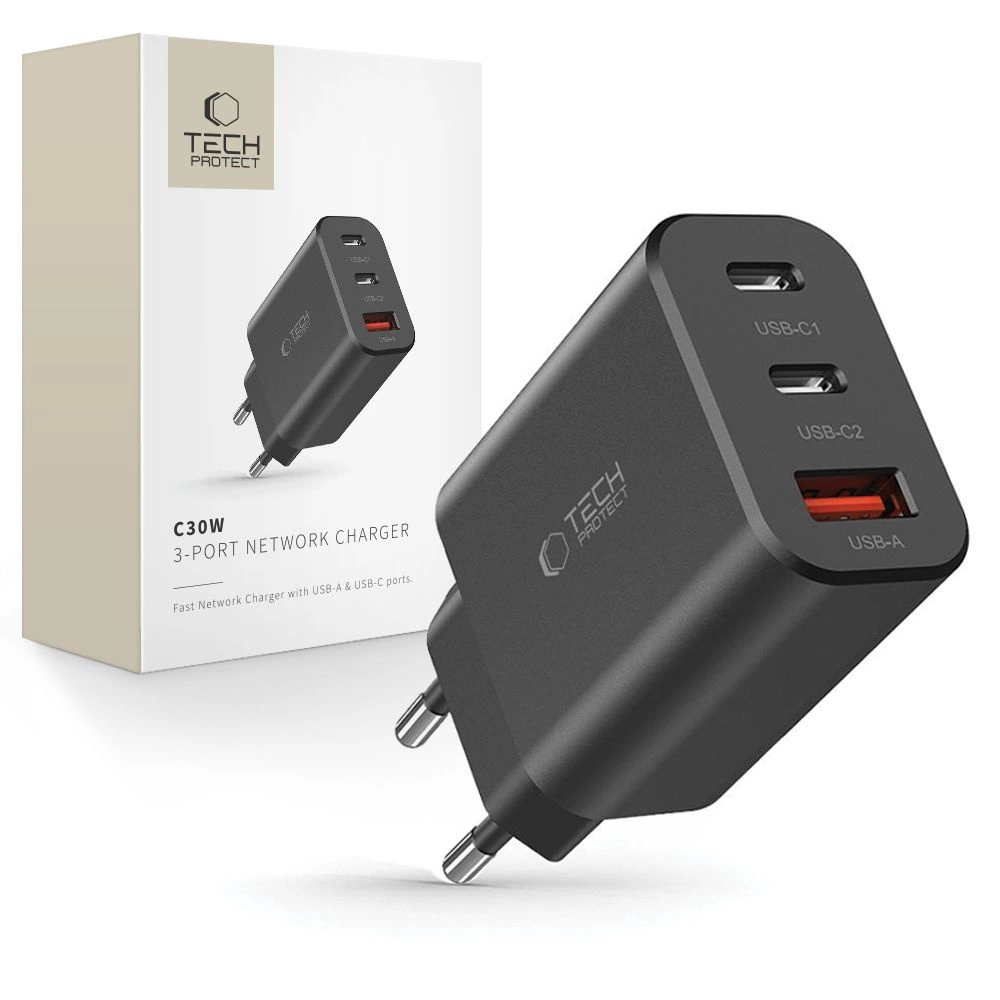 Tech-Protect NC30W charger 2x USB-C PD 30W / USB-A QC 3.0 - black