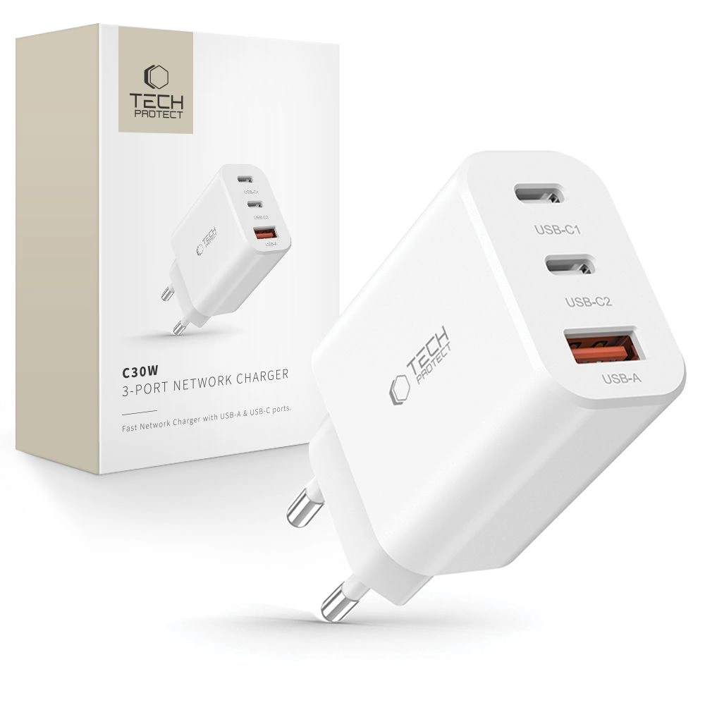 Tech-Protect NC30W charger 2x USB-C PD 30W / USB-A QC 3.0 - white