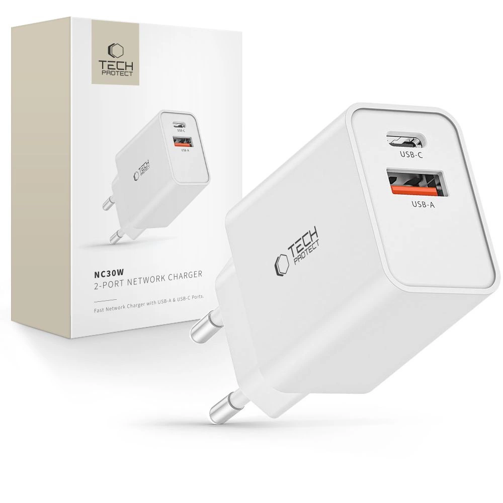 Tech-Protect NC30W USB-C PD 30W / USB-A QC 3.0 charger - white