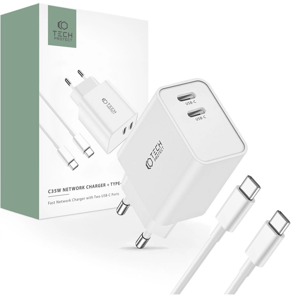 Tech-Protect C35W 2x USB-C PD 35W charger with USB-C / USB-C cable - white