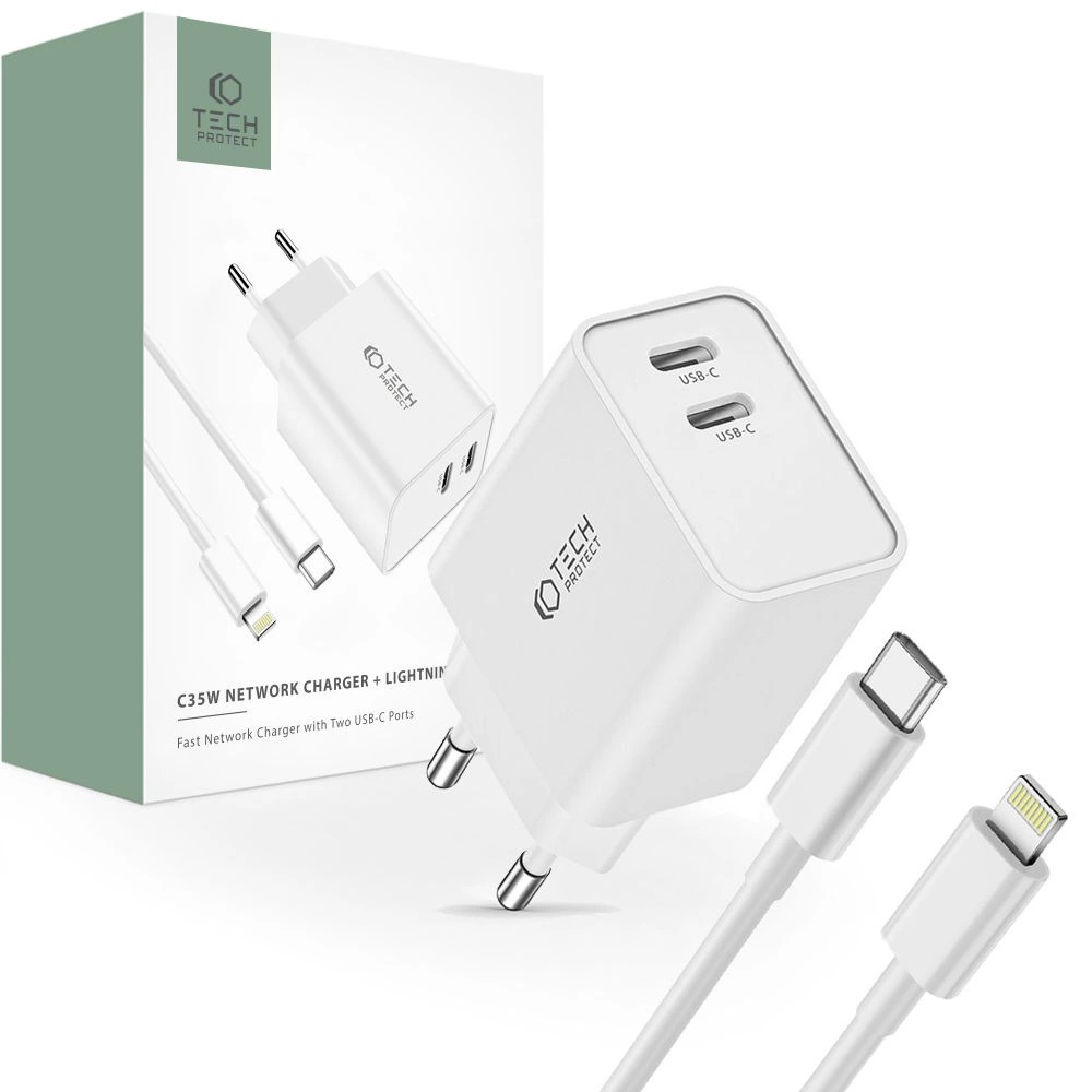 Tech-Protect C35W 2x USB-C PD 35W Wall Charger with USB-C / Lightning Cable - White