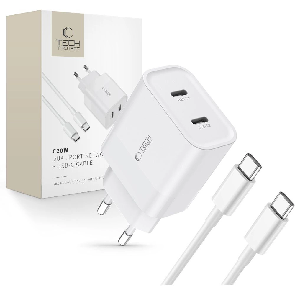 Tech-Protect C20W 2x USB-C PD 20W charger with USB-C / USB-C cable - white