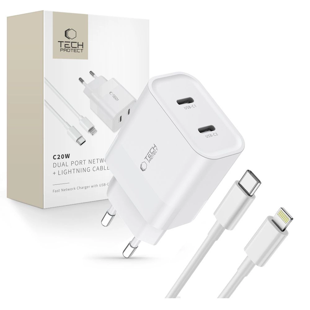 Tech-Protect C20W 2x USB-C PD 20W Wall Charger with Lightning / USB-C Cable - White