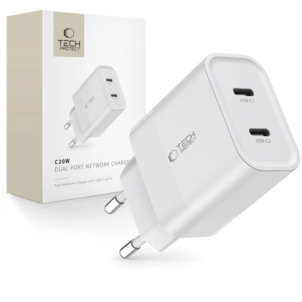 Tech-Protect C20W charger 2x USB-C PD 20W - white