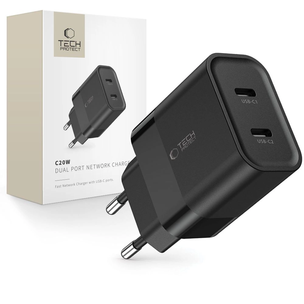 Tech-Protect C20W charger 2x USB-C PD 20W - black