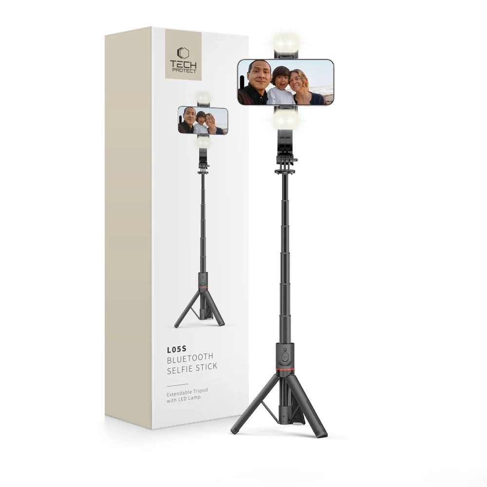 Tech-Protect L05S Bluetooth Selfie Stick with Tripod up to 105cm with LED Light - Black