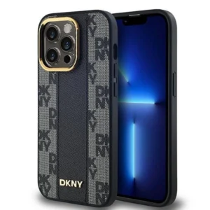 DKNY Leather Checkered Mono Pattern MagSafe Case for iPhone 14 Pro Max - Black