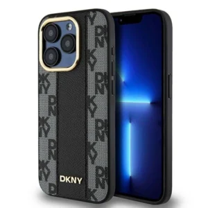 DKNY Leather Checkered Mono Pattern MagSafe case for iPhone 15 Pro - black