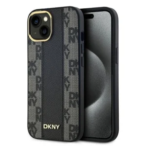 DKNY Leather Checkered Mono Pattern MagSafe Case for iPhone 15 Plus / 14 Plus - Black