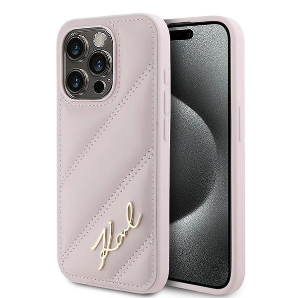 Karl Lagerfeld Diagonal Quilted Script case for iPhone 15 Pro Max - pink