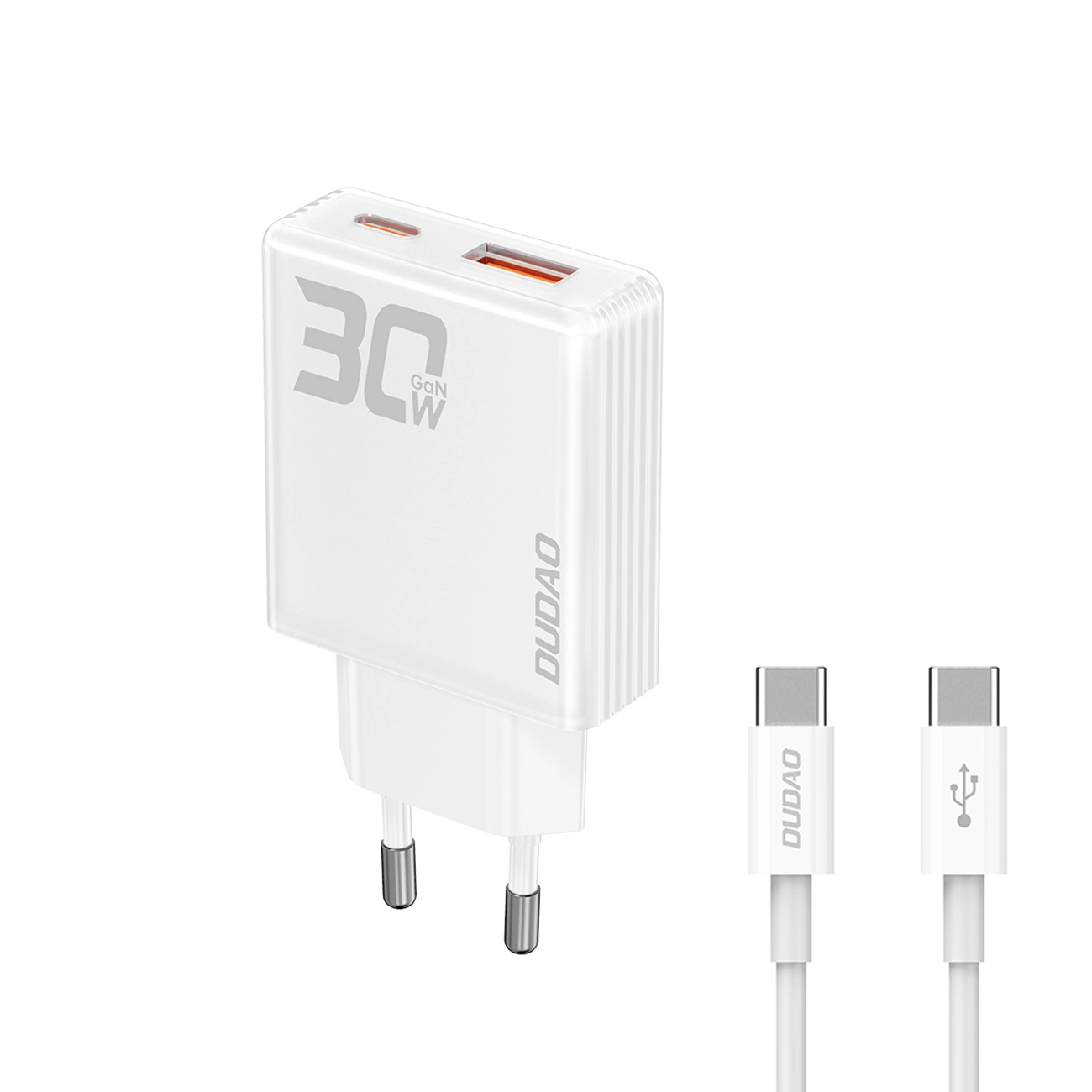 GaN Dudao A30EUT 30W USB-A / USB-C Wall Charger + USB-C - USB-C Cable - White