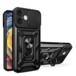 Hybrid Armor Camshield iPhone 16 Armored Case with Camera Cover and Stand - Black